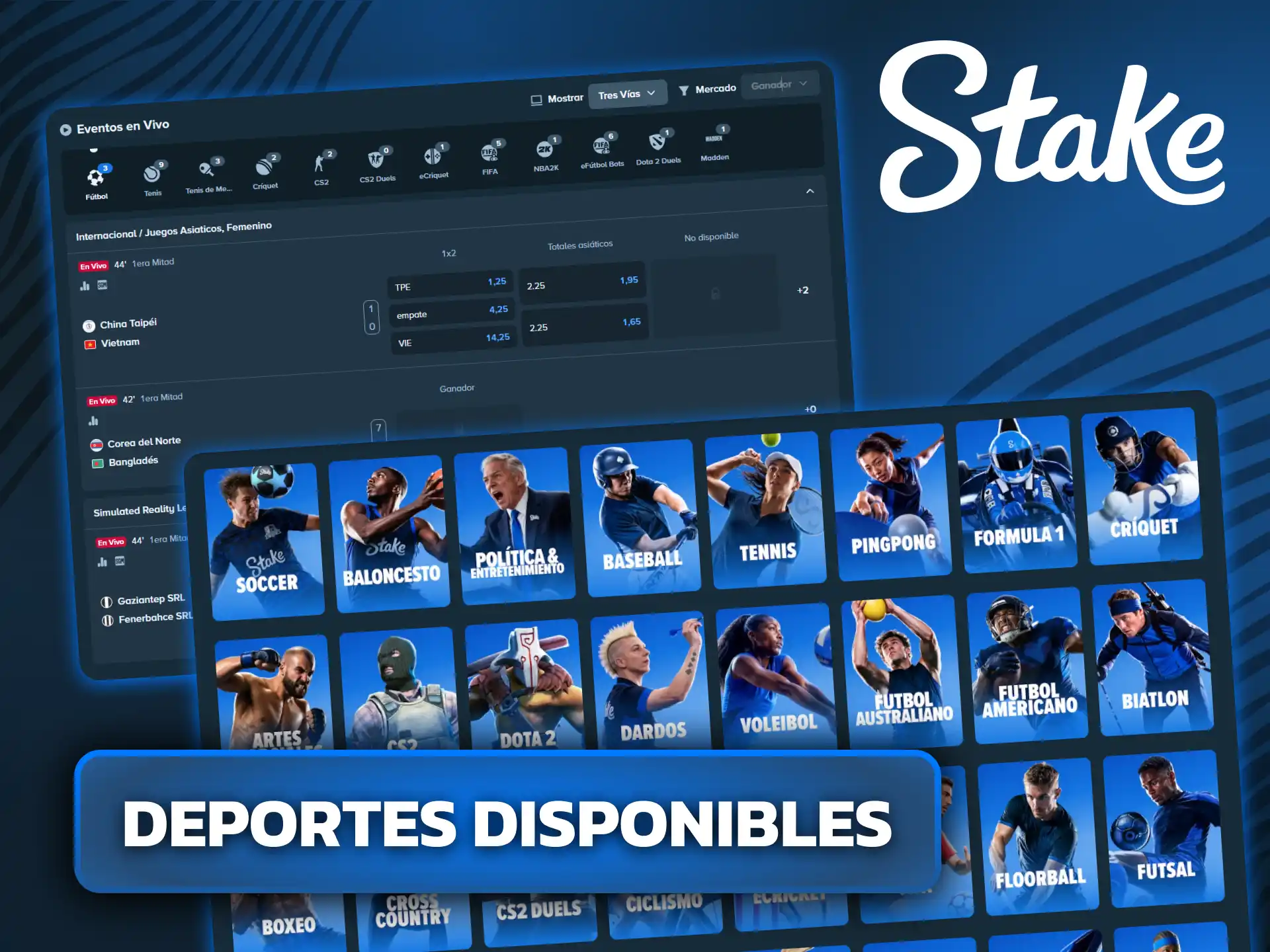 Consultá los deportes disponibles con transmisión y cuotas en vivo en Stake.