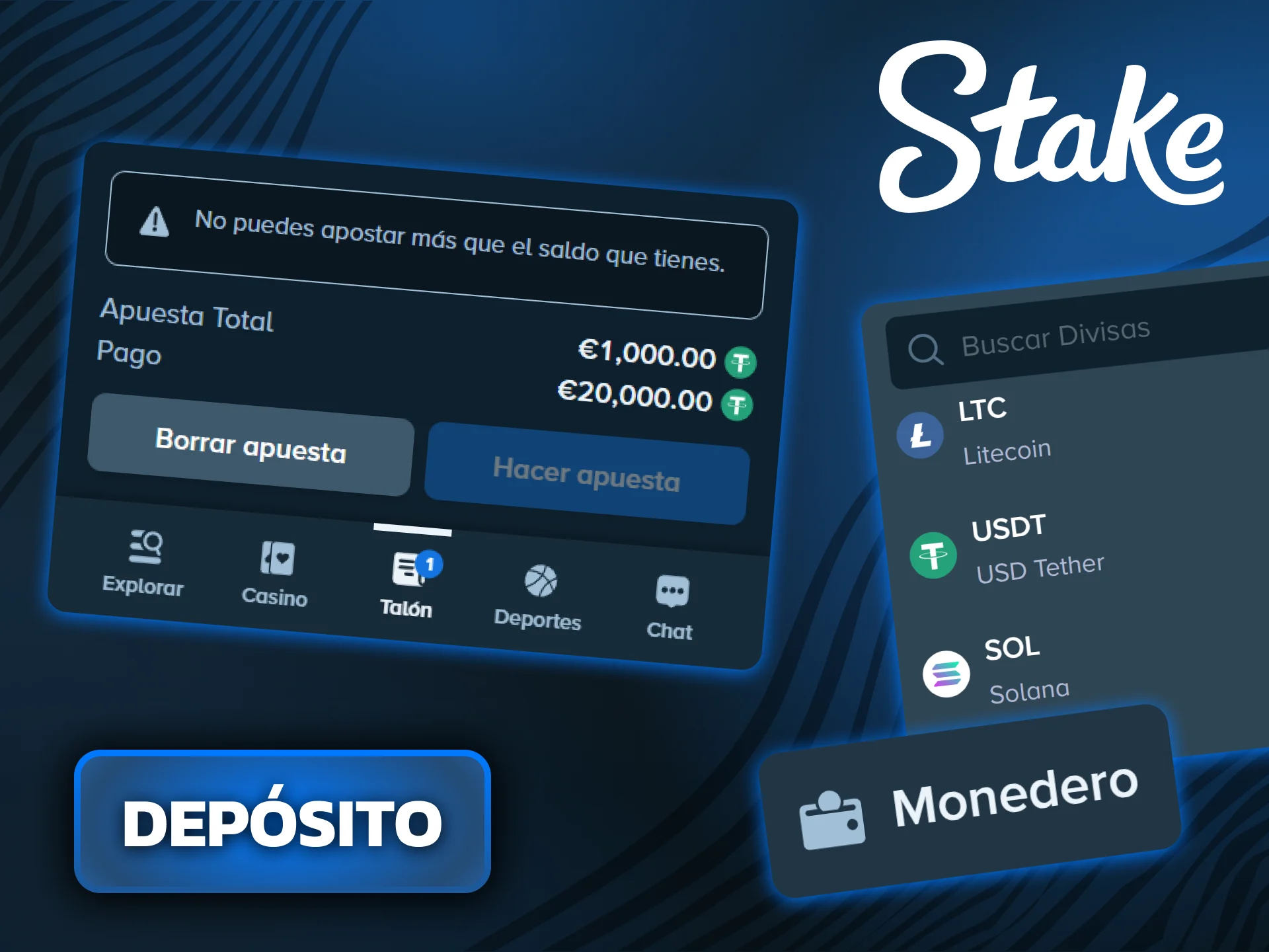 Completá el proceso de depósito de forma segura para empezar a realizar tus apuestas deportivas en la plataforma de Stake.