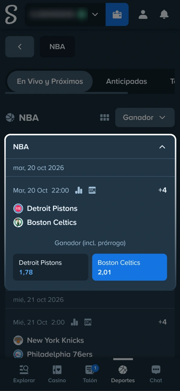 Seleccioná el partido de baloncesto e investigá las cuotas disponibles en Stake.