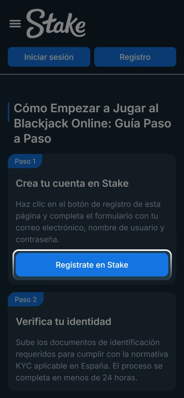 Iniciá sesión en tu cuenta de usuario para acceder a las mesas de blackjack en Stake.