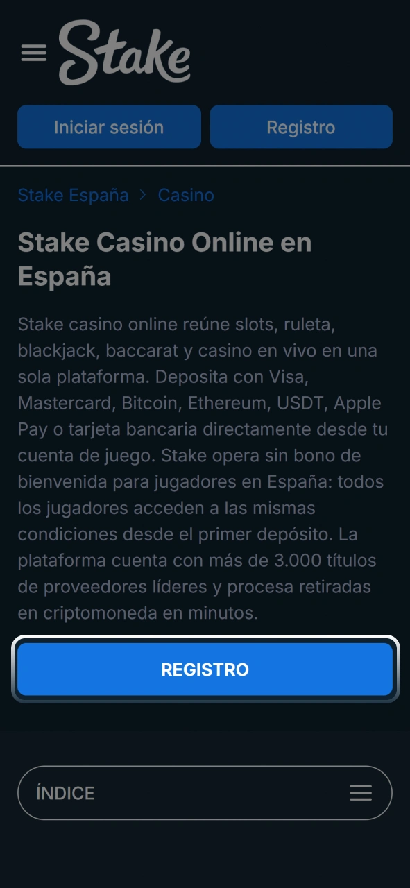 Iniciá sesión en tu cuenta para acceder al lobby de casino en Stake.