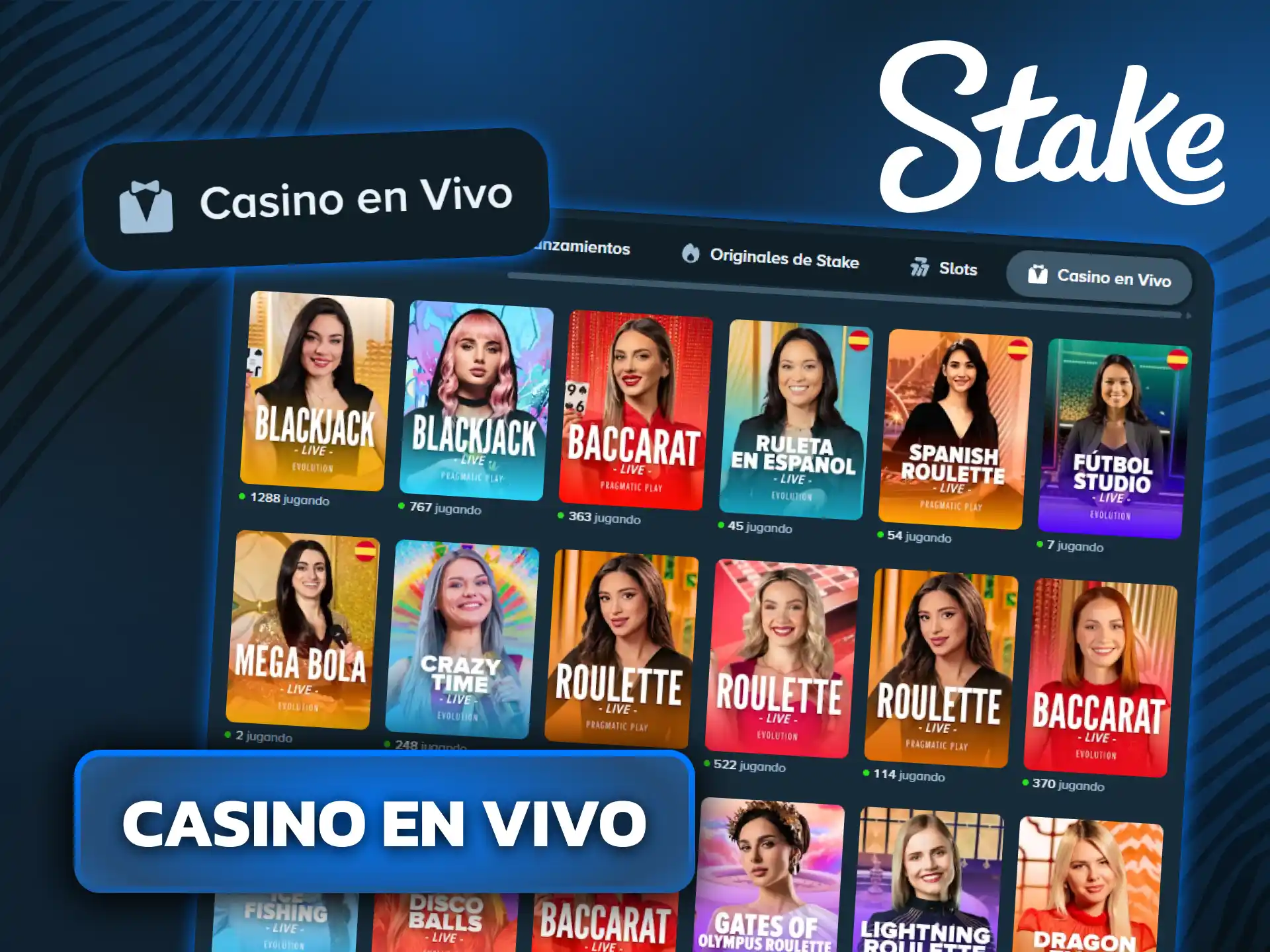 Jugá en tiempo real con crupieres en vivo en el casino de Stake.