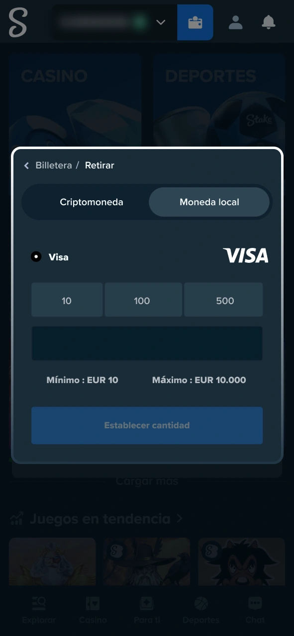 Indicá la cantidad de dinero que querés retirar de tu saldo en Stake.