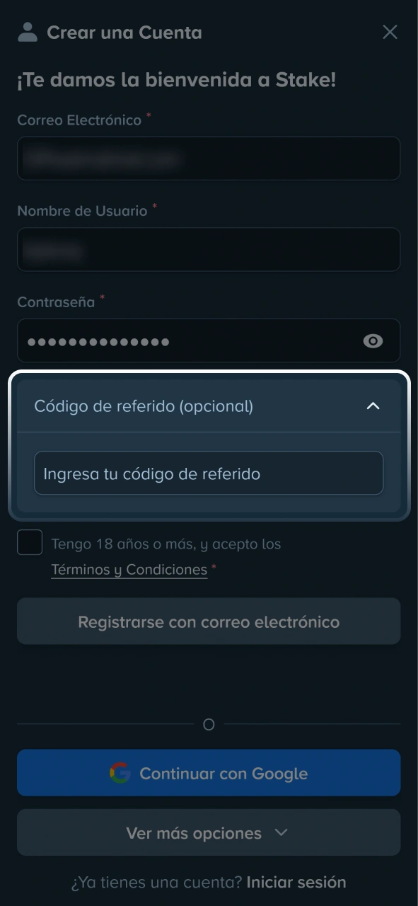 Ingresá tu código promocional en el formulario de registro de Stake.