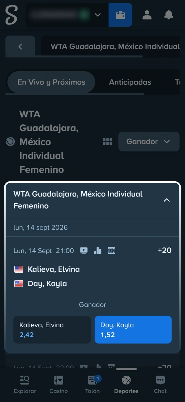 Seleccioná el partido de tenis e investigá las cuotas disponibles en Stake.